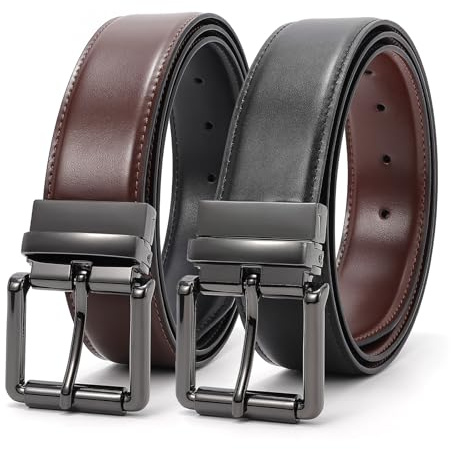 LEACOOLKEY Men's Reversible Leather Belt: Two-in-One, Black & Coffee Brown, Rotated Buckle, Size 51