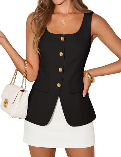 ZESICA 2026 Summer Casual Sleeveless Suit Vest for Women Square Neck Button Down Work Business Blazer Vests Waistcoat,Black,X-Large
