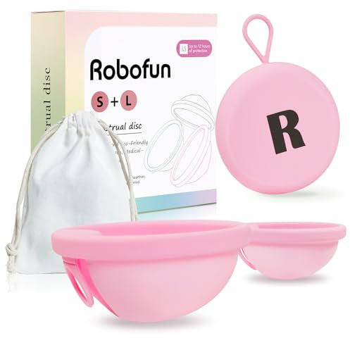 Robofun Disco mestruale, 2 pezzi (S+L) - Coppa mestruale riutilizzabile in silicone medico 100% per tutte le correnti, senza pericolo per lo sport e il nuoto - rosa