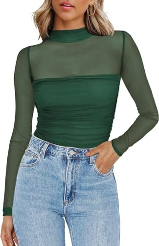 Zeagoo Women's Sexy Mesh Shirts Sheer Long Sleeve Tops | Mock Neck Ruched Tshirts Going Out Blouse XS-XXL