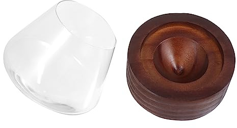 TOGEVAL Set Bicchieri Da Whisky in Cristallo 300ml Sottobicchiere in Legno, Bicchiere Da Vino Rotante Stile Rimbalzo Per Cocktail e Bourbon, Design Curvo Convesso Resistente Per Uso Domestico e Bar