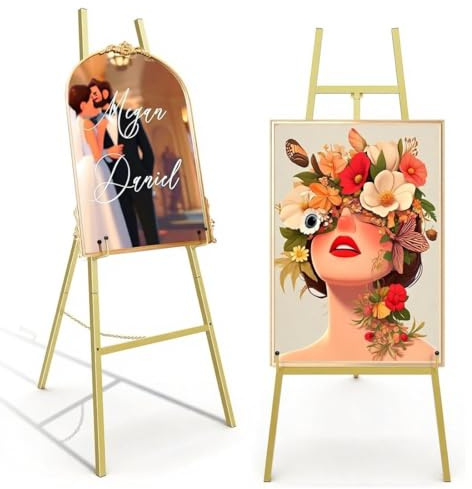 Caballete dorado para letrero de boda, caballete de exhibición de metal resistente con cadena ajustable, caballete de arte de 4 niveles de altura para arte, pintura, cartel de bienvenida, carteles y