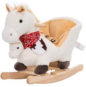 NINODOVAE Schaukeltier mit Handpuppe, Kinder Schaukelstuhl mit Sicherheitsgurt, 12 bis 36 Monaten (Weiß)