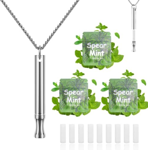 Andningsbart halsband för att sluta röka och vapa med påfyllningsbara myntskidor stoppar rökning hjälpmedel fidgethalsband för ångestlindring rökfri inhalator för vuxna (silver)