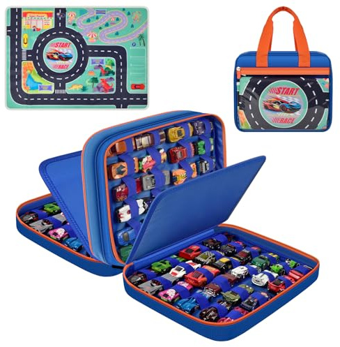 Toy Car Storage Bag for Hot Wheels for Matchbox for LEGO for AZEN for JOYIN for Tub Works Cars Toy Car Organizer Holder with Rug Race Track Mat for 96 Mini Cars - Blue (Case Only) (Blue+Playmat)