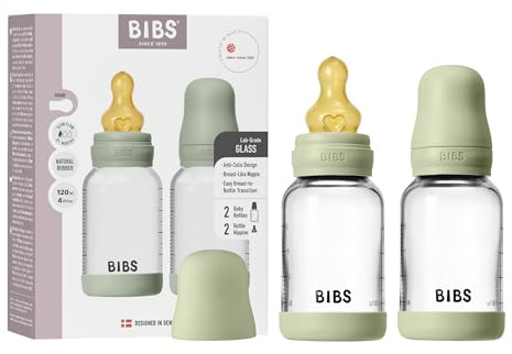 BIBS Nappflaska i glas, 120ml, 2-pack, Sugdel i naturgummi, Sage | Kolikmotverkande | Långsamt flöde | Stödjer amning | Tillverkad i Danmark