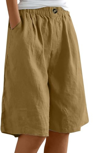 Bermuda Cotone Donna Estivi al Ginocchio Pantaloncini Lino Donna Leggeri Pantaloni Corti Eleganti Curvy Elastico in Vita Shorts Gamba Larga Baggy Pantaloncini Larghi Spiaggia Taglie Forti per Sportivi