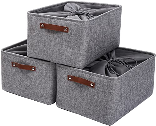 Mangata Fabric Storage Boxes, Thickened Canvas Storage Baskets with Handle for Shelves, Clothes Toys (XL, Grey, with Drawstring,3 Pcs)