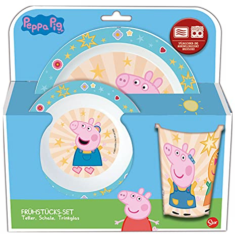 p:os p:os Peppa Wutz Frühstücksset, 3-teiliges Geschirrset mit Teller, Schüssel und Trinkbecher, Kindergeschirr aus Kunststoff, spülmaschinen-/mikrowellengeeignet