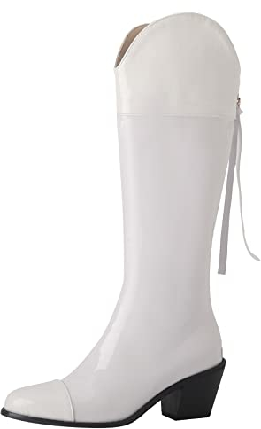 MJIASIAWA Damen Pointed Toe Mode Knee Reitstiefel Reißverschluss Vintage Blockabsatz Lack Warm Cowboystiefel Weiß Gr 36 Eu