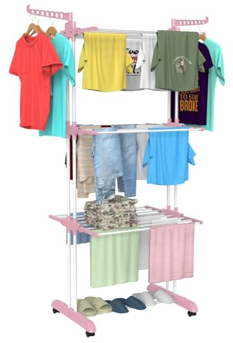 Innotic Etendoir Linge Intérieur et Extérieur, 4 Niveaux Séchoir à Linge Pliable avec Roues, Grande Capacité Tancarville Linge XXL, Acier Inoxydable Seche Linge Solide, 172cm-Rose+Blanc