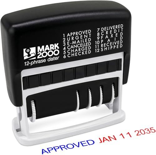 Mark 2000 12-Phrase Dater - Self-Inking Stamp - Blue Ink, Red Date