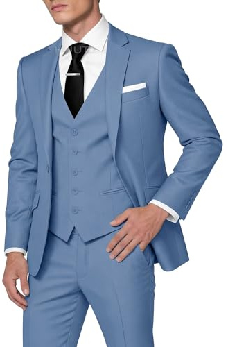 HUUTOE Costume 3 pièces élégant pour Homme, Type Smoking, Coupe ajustée, avec Blazer, Gilet et Pantalon, pour l’été, Mariage, Bal de Fin d'année, Affaires, Bleu poussiéreux., Taille L