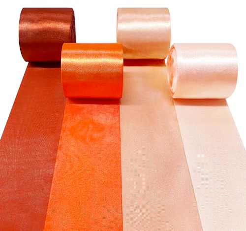60M Ruban de Satin Orange, 4 Couleurs 15m x 5cm de Large Ruban pour Emballage de Cadeaux DIY Nœuds Fête Toile de Fond Anniversaire Mariage Bouquet de Mariée Automne Thanksgiving Extérieure Décorations