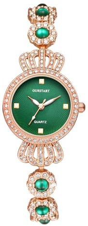 JewelryWe Orologio da polso da donna, al quarzo, analogico, rotondo, piccolo, oro rosa, impermeabile, cinturino regolabile in acciaio inox, per uso quotidiano, Corona - oro rosa/verde, Bracciale