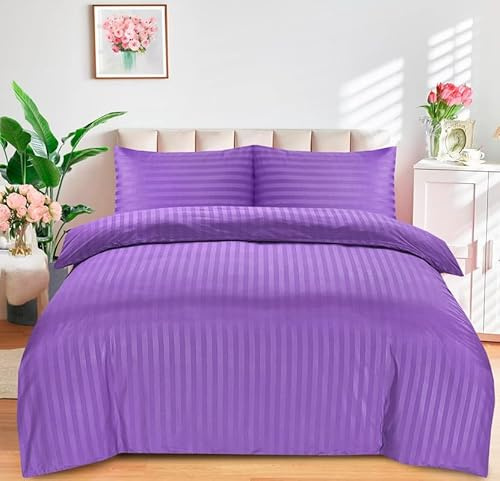 Indus Textiles King Size Bedding Set Brushed Microfiber Satin Stripes Easy Care Duvet Cover with Pillowcases (Purple-King)