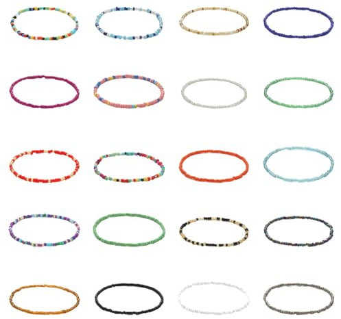 Lotsdonxia 20Pcs Boho Beaded Pearl Bracelets – Handmade Bohemian Anklets Jewellery, Multi-colored Elastic Thread String Bracelets for Girls Ladies