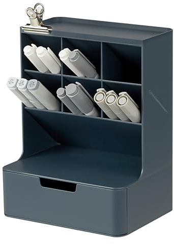 BLUE GINKGO Hive Organisateur de Bureau – 6 Compartiments Verticaux, Tiroir Complet – Porte-stylos Gain de Place, Rangement de Fournitures – Pour Bureau, École, Maquillage (Fabriqué en Corée, Bleu)