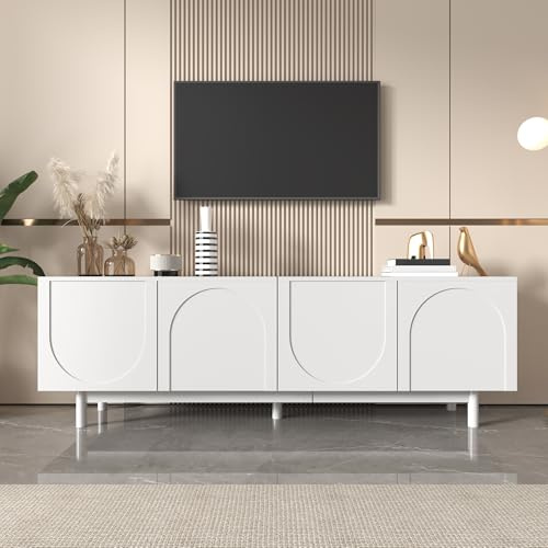 ModernLuxe TV Stand Cabinet with 4 Doors, Push-to-Open System, Adjustable Shelves, Lightweight Lowboard Media Console, Stylish Luxury Design TV Unit for Living Room, White, 175x38x56cm