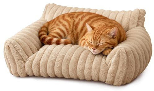 DOLLGIFT Cat Sofa Beds for indoor Cats - 60x45cm, Cat Couch with Removable Machine Washable Cover, Fluffy Faux Rabbit Fur Pet Sofa for Cats Small Dog Puppy Kitten, Camel S