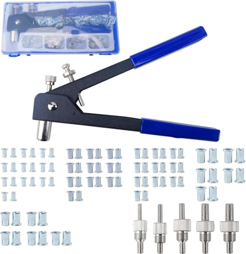 COEWUR 106 Stück Profi Nietmutternzange Set Nietzange Set - Gewindeeinsatz Nietpistolen Werkzeug mit M3-M4-M5-M6-M8 Dorne, 100PCS Nietmuttern für Handwerk & Reparatur, Blindniet Zange