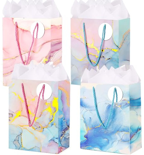 12.6Inch Gift Bags, 4 Pack Large Paper Bag with Tissue Paper Gift Bags for Mother‘s Day Girl Women's Birthday Anniversary Wedding Thanksgiving Christmas... (Marble)