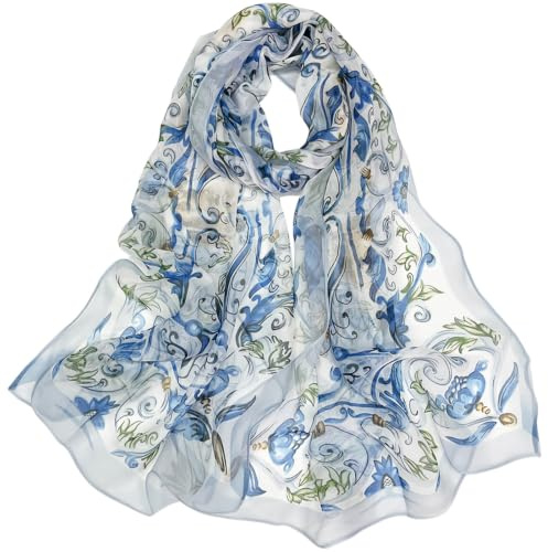 FAIRYGATE Chiffon Scarves Flower Floral Print Ladies Scarf Lightweight Scarfs for Women Elegant Neck Wrap 63 x 20 Inch (160 x 50 cm)