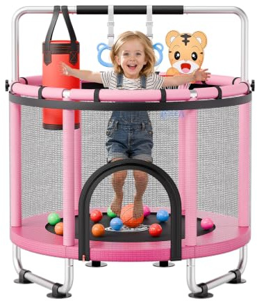 VEVOR Trampoline pour Enfants 142 cm Mini-Trampoline Charge 60 kg Rose, pour Tout-Petits Intérieur Extérieur, Stable, Rond, avec Filet de Sécurité, Barre de Gymnastique Réglable et Accessoires