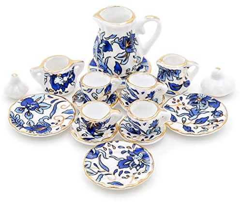 Odoria 1/12 Miniatura 15PZ Conjunto de Tazas de Té Porcelana Azul Cocina Accesorio para Casa de Muñecas