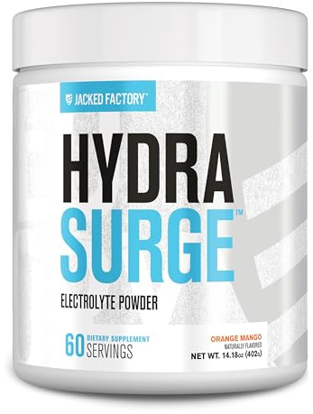 Jacked Factory HYDRASURGE Electrolyte Powder - Hydration Supplement with Key Minerals, Himalayan Sea Salt, Coconut Water - Keto Friendly, Sugar Free, Naturally Sweetened - 60 Servings, Orange Mango