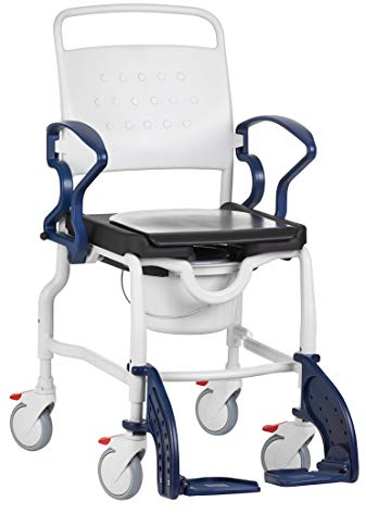 FabaCare Dusch- Toilettenrollstuhl Frankfurt, höhenverstellbar, made in Germany, Premium Toilettenstuhl, Duschstuhl fahrbar, Rollstuhl mit WC Eimer, Grau-Blau