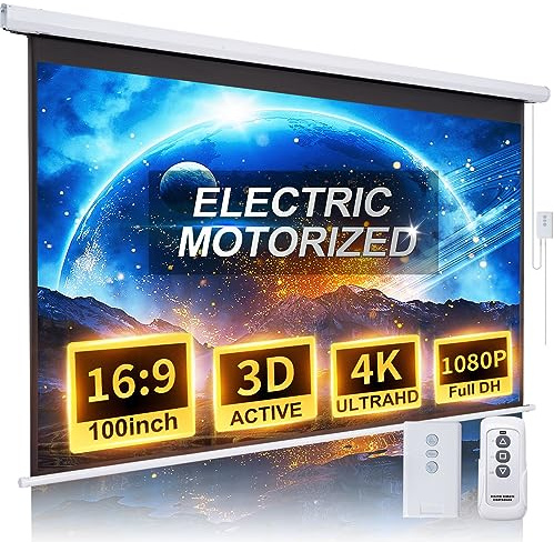 Motorized Projector Screen Pull Down 100 Inch 16:9 HD Automatic Projector Screen with Remote, Electric Retractable Projection Screen Portable, Roll Up Movie Screens for Projectors Outdoor Indoor White