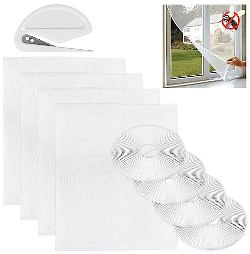 Bomtop Lot de 4 Moustiqueres Fenêtre Découpable, 130 x 150cm Toile Moustiquaire pour fenêtre, Moustiquaire sans percage, Anti moustiquaire fenetre avec cadre Bande Adhésive Grattoir(Blanc Transparent)