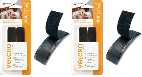 VELCRO Brand Sleek & Thin Sew on Fastener for Fabrics Strong Hook & Loop Self Adhesive Fastener Perfect for Crafting, Clothing Repairs & Hemming, Black, 19mm x 60cm (Pack of 2)