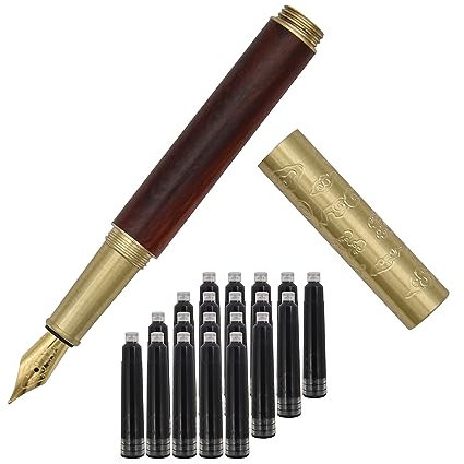 SIPLIV Handcrafted Auspicious Clouds Patterned Brass Wooden Fountain Pen Short Paragraph (101mm) Pocket Mini Travel Pen with 20 Pcs Black Ink Cartridges - Brown-red Texture