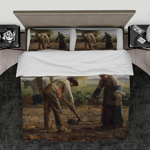DINGSION Jean-Francois Millet Style Duvet Cover Set 3 Pieces Potato Planters Soft Breathable Bedding Set for Bedroom with 2 Pillow Shams 4 Ties Single XL