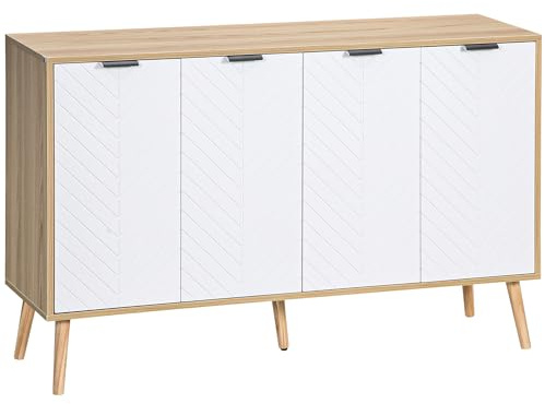 HOMCOM Buffet Salon, Meuble de Rangement avec 4 Portes et étagère réglable, Pieds en Bois de pin, Buffet Salle à Manger Cuisine et Chambre, 120 x 35 x 77,4 cm, Blanc et Bois Naturel