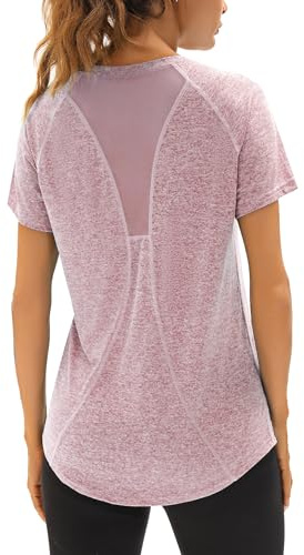 Wayleb Sportshirt Damen Kurzarm V-Ausschnitt Fitness T-Shirt Oberteile Einfarbig Laufshirt Back Mesh Leichtes Atmungsaktiv Shortsleeve Gym Yoga Top, Hellrosa-lila XL