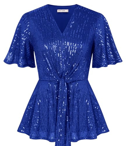 GRACE KARIN Blue Ladies Glitter Sparkly Party Tops Short Sleeve Slim Fit Peplum Sequin Blouses M