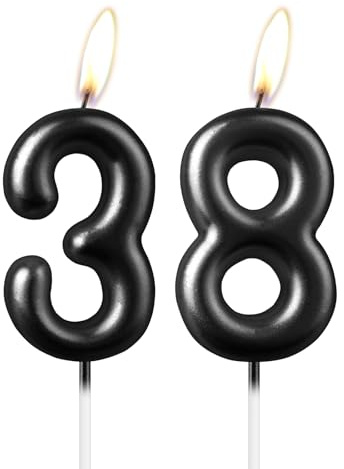 Candela Número 38 Negra Perlada, Hermosa Decoración de Pastel para Fiestas, Decoración de Pastel de Cumpleaños Negra y Brillante para Mujeres y Hombres