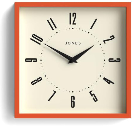 Jones Clocks® Box wall clock | Retro square clock | 25cm | Orange | Easy to read numbers | Perfect kitchen clock or office clock