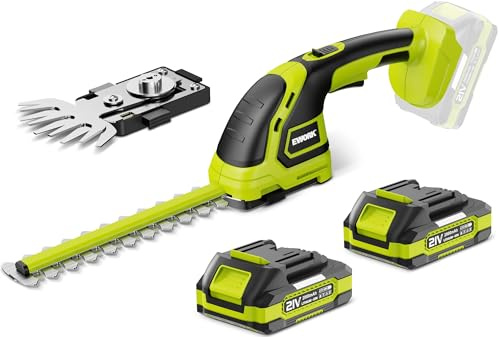 EWORK 21V Cordless Hedge Trimmer & Grass Shears 2-in-1 Handheld Electric Bush Trimmer, 2x2.0Ah Battery & Charger Included, Lightweight Shrub Trimmer for Garden Yard Lawn Patio Maintenance