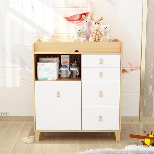 PREMTURE Wickeltisch, Wickelkommode mit 5 Schubladen und Schutzgeländer, Wickelregal mit offenem Stauraum, 85cm*46cm*98cm, MDF, weiß+Holzfarbe