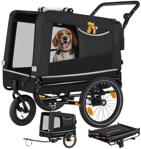 tectake® Remorque Velo Chien 3 en 1 Pliable avec Reflecteurs, Drapeau, Remorques Vélo pour Chiens Aussi comme Poussette Chien Animaux de Compagnie de Taille Moyenne Charge Maximale 40 kg - Noir