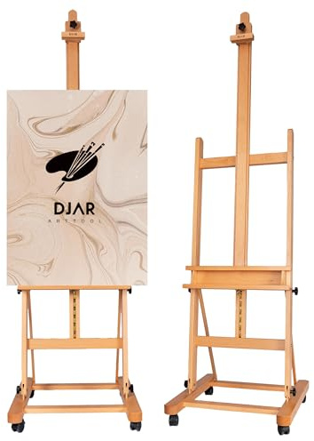 DJAR Grande Cavalletto da Studio ad H, Supporta Tele fino a 236 cm, Cavalletto da Terra Regolabile in Faggio con Ruote a 360°, Naturale