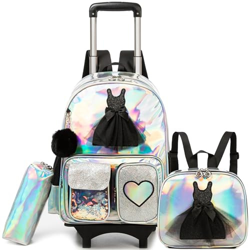 HTgroce School Backpack Trolley Elementary Trolley School Backpack, School Trolley with Lunch Bag & Pen Case H42 x L30 x H10 cm, Silver Dress, 42 x 30 x 20 cm, School Pencil Case