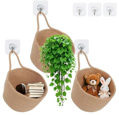 ShellKingdom Hanging Baskets, 3Pack Woven Wall Mounted Storage Basket with 3 Pcs Hooks, Boho Pouchs Bag Organizers for Home Office Living Room Bathroom Door Wall Decoration Caddy Bins (Jute)