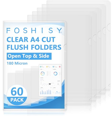 FOSHISY 60 Pack A4 Clear File Folders, 180 Micron A4 Cut Flush Folders, Plastic Folder Sleeves Open Top and Side, L-Type Plastic Wallets Page Protector for School Office Document Paper Storage