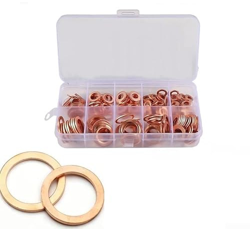 Zilimontt Copper Washer Gasket Assortment Kit with Flat Ring Seal Set in Multiple Sizes for for Screws Nuts Bolts, High Temperature Heat Resistant Red Copper Washers for(50pcs)