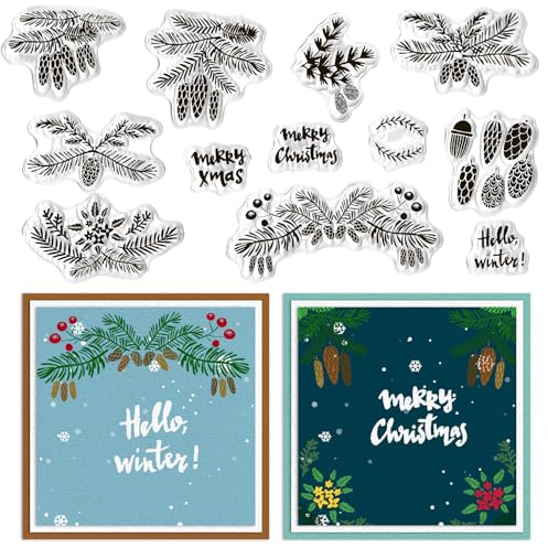 Christmas Pine Leaves Clear Stamps for Card Making, Xmas Pine Cone Rubber Stamps Holiday Words Transparent Stamp for Crafting DIY Scrapbooking Photo Album Decorations